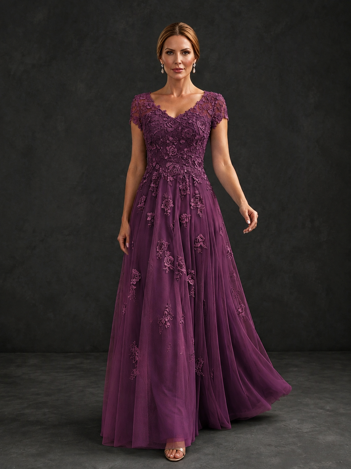 BOLODOO Plum Cap Sleeve Lace Appliqué A-Line Formal Gown | Mother of the Bride Dress - Plum - Plum_4
