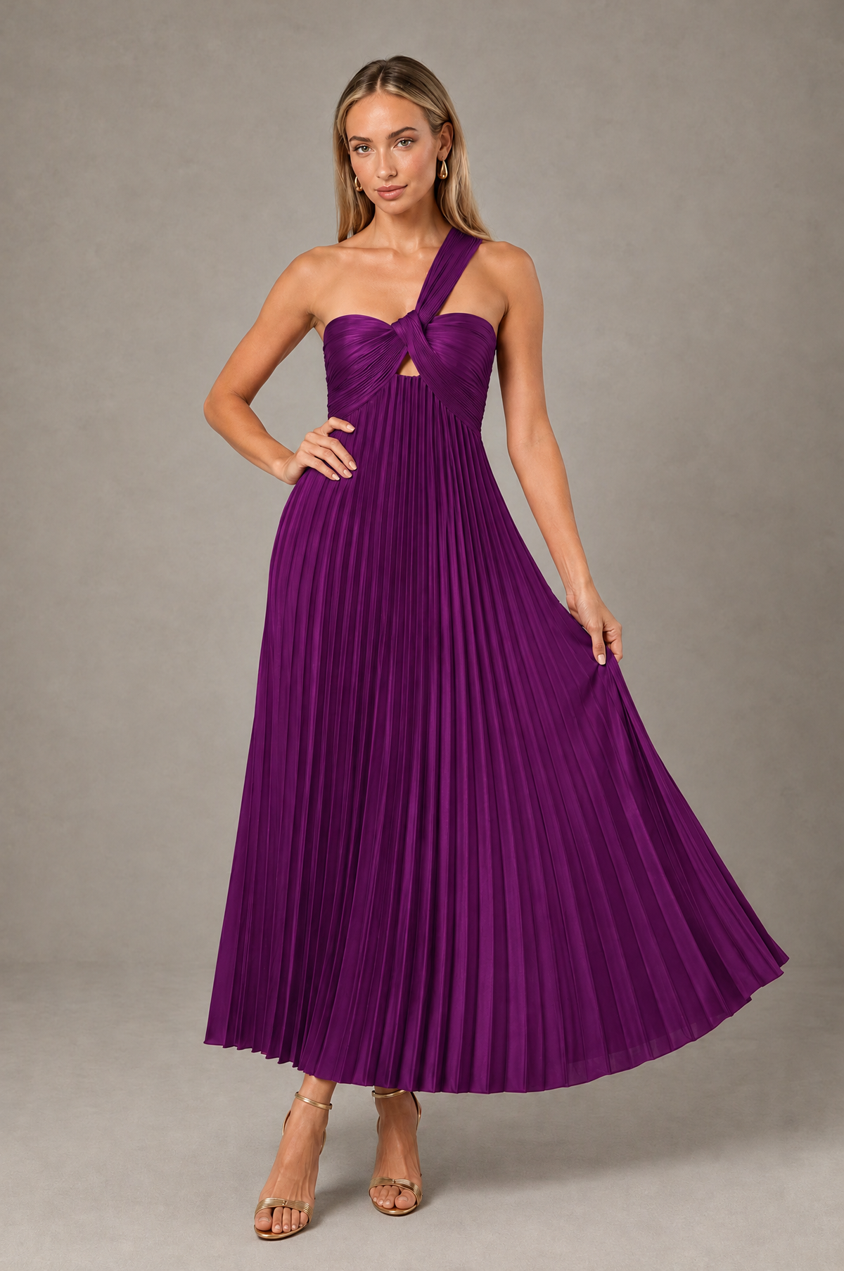 BOLODOO Plum One-Shoulder Twist Knot Pleated Satin Midi Dress with Cutout - Plum - Plum_4