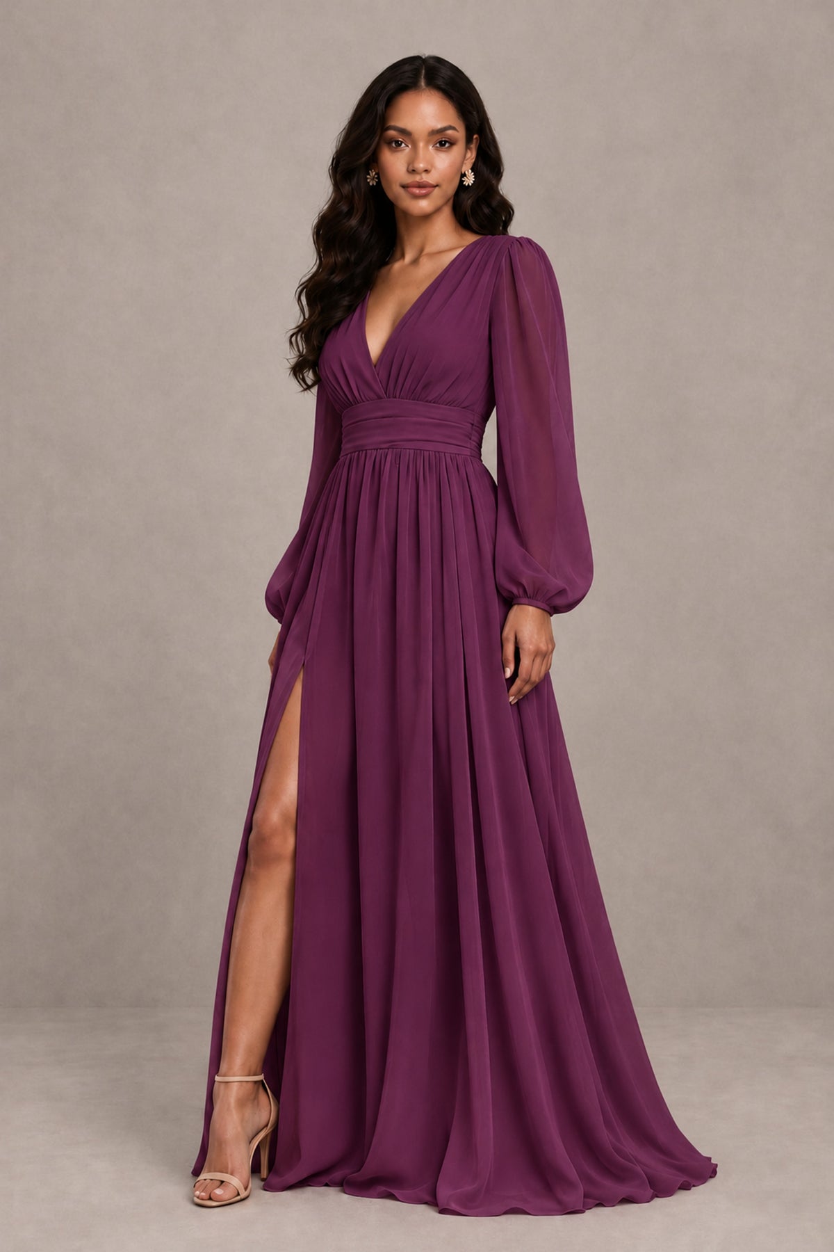BOLODOO Plum Long Sleeve V-Neck A-Line Gown with Open Back & Slit - Plum - Plum_4