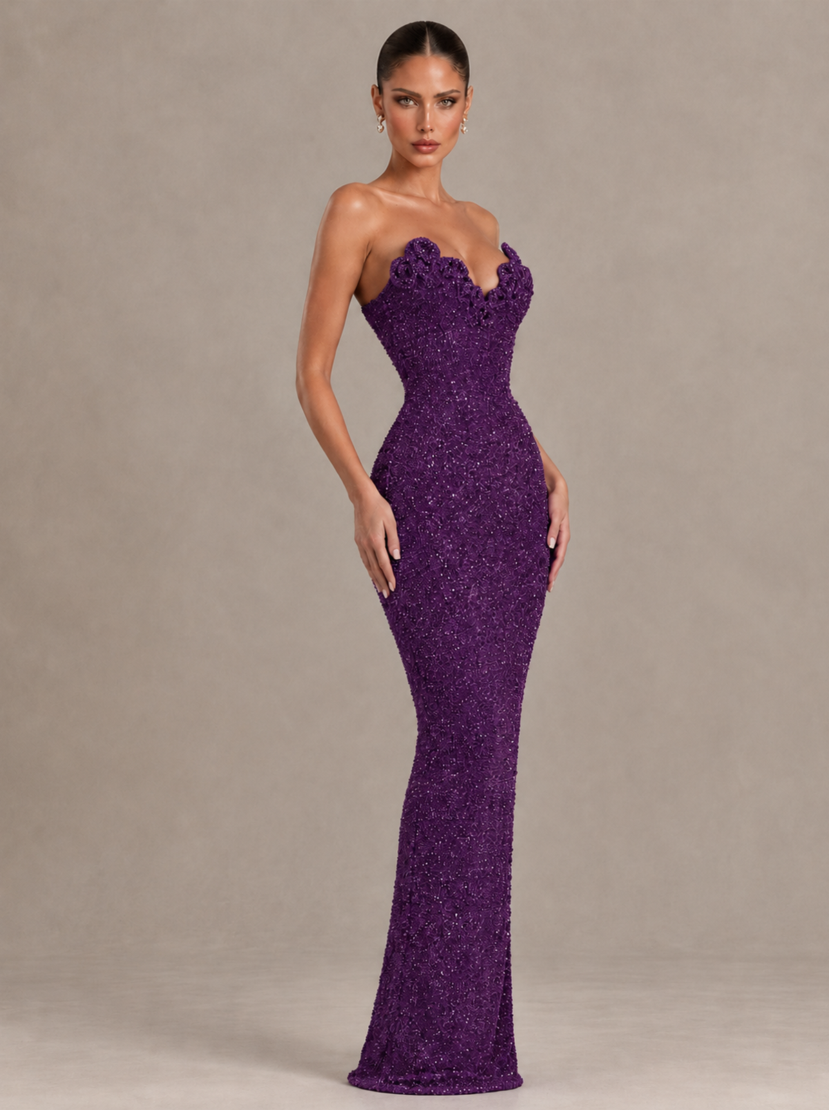 BOLODOO Plum Strapless Sequin Evening Gown with Floral Neckline - Plum - Plum_4