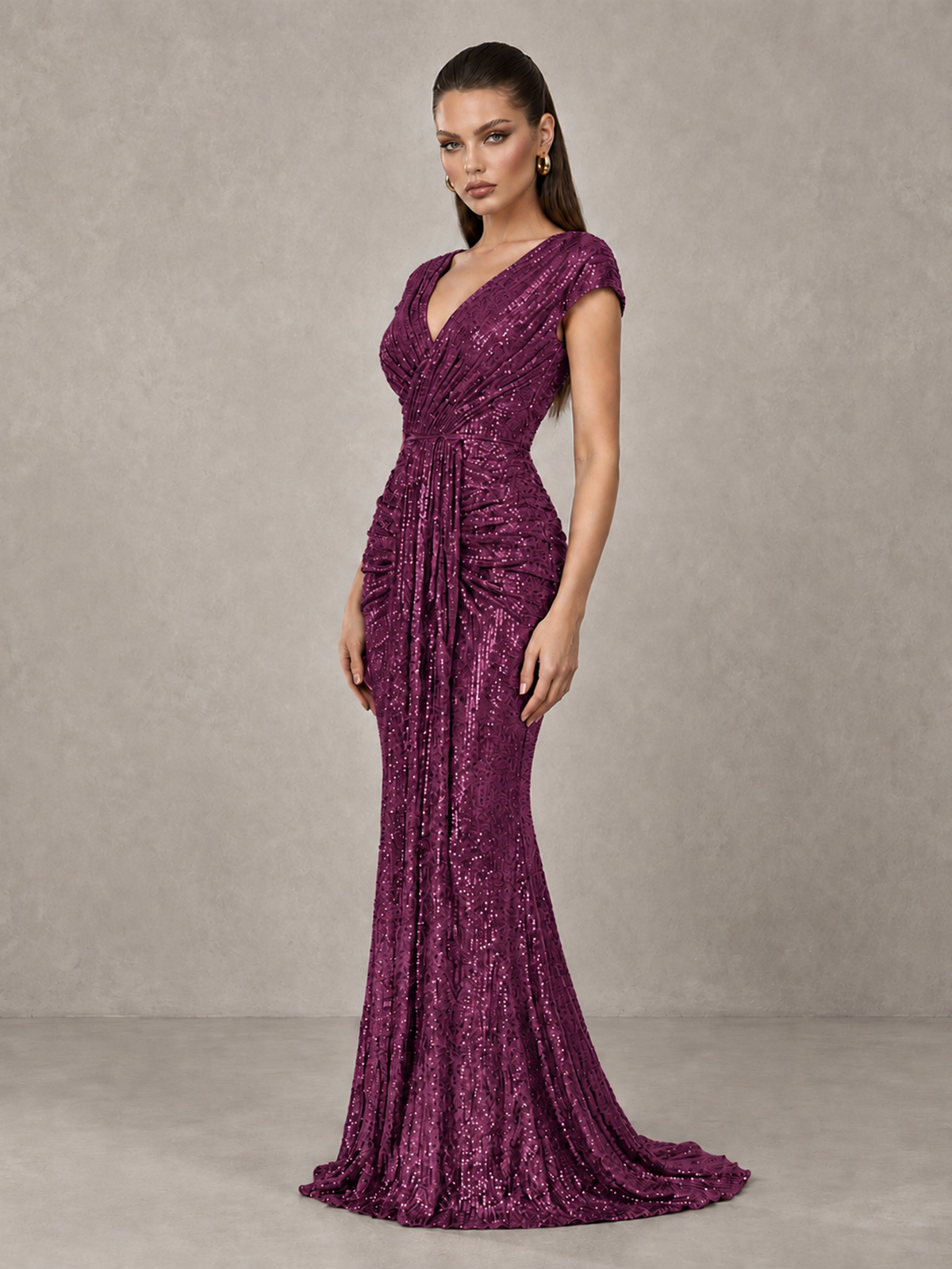 BOLODOO Plum Glitter V-Neck Cap Sleeve Ruched Mermaid Evening Gown - Plum - Plum_4
