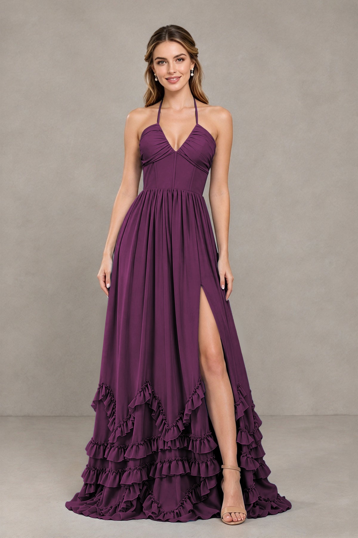 BOLODOO Plum Halter Ruffle Hem A-Line Bridesmaid Dress with High Slit - Plum - Plum(4)