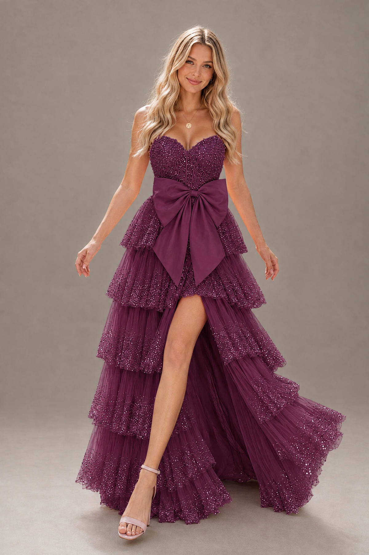 BOLODOO Plum Strapless Tiered Tulle Prom Dress with Bow - Plum - Plum_4