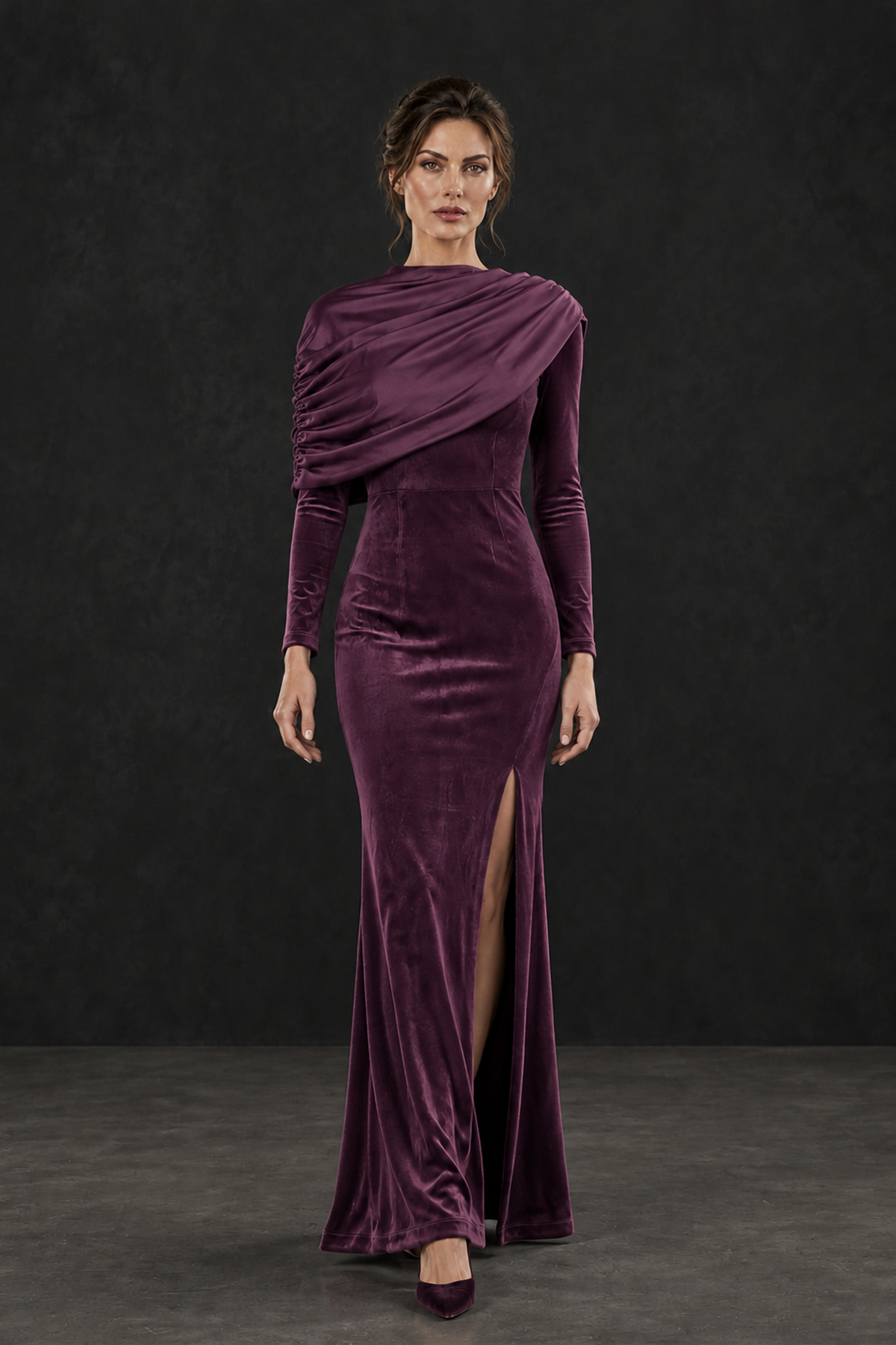 BOLODOO Plum Velvet Long Sleeve Draped Mother of the Bride Dress - Plum - Plum_4