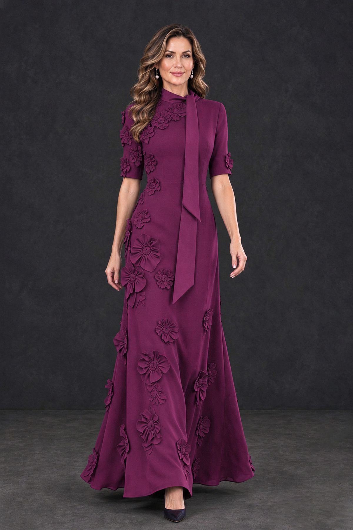 BOLODOO Plum Floral Applique High-Neck Half-Sleeve Gown - Plum - Plum_4