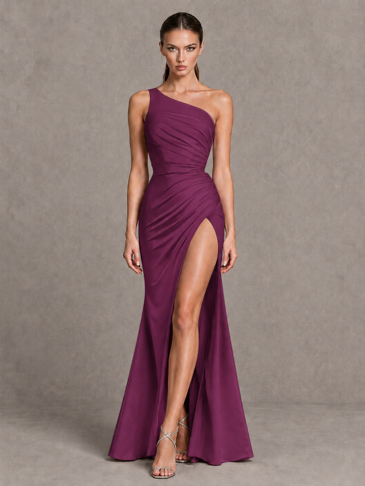 BOLODOO Plum One-Shoulder Ruched Satin-Look Evening Gown with High Slit - Plum - Plum_4