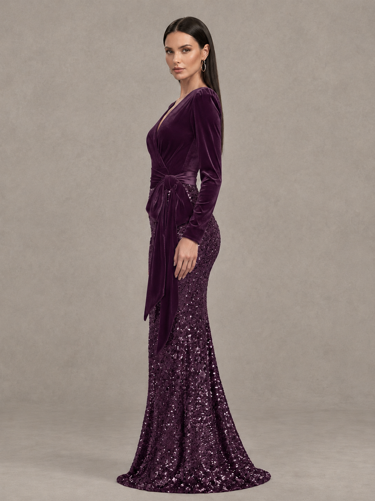 BOLODOO Plum Velvet & Sequin Long Sleeve V-Neck Mermaid Evening Gown - Plum - Plum_4