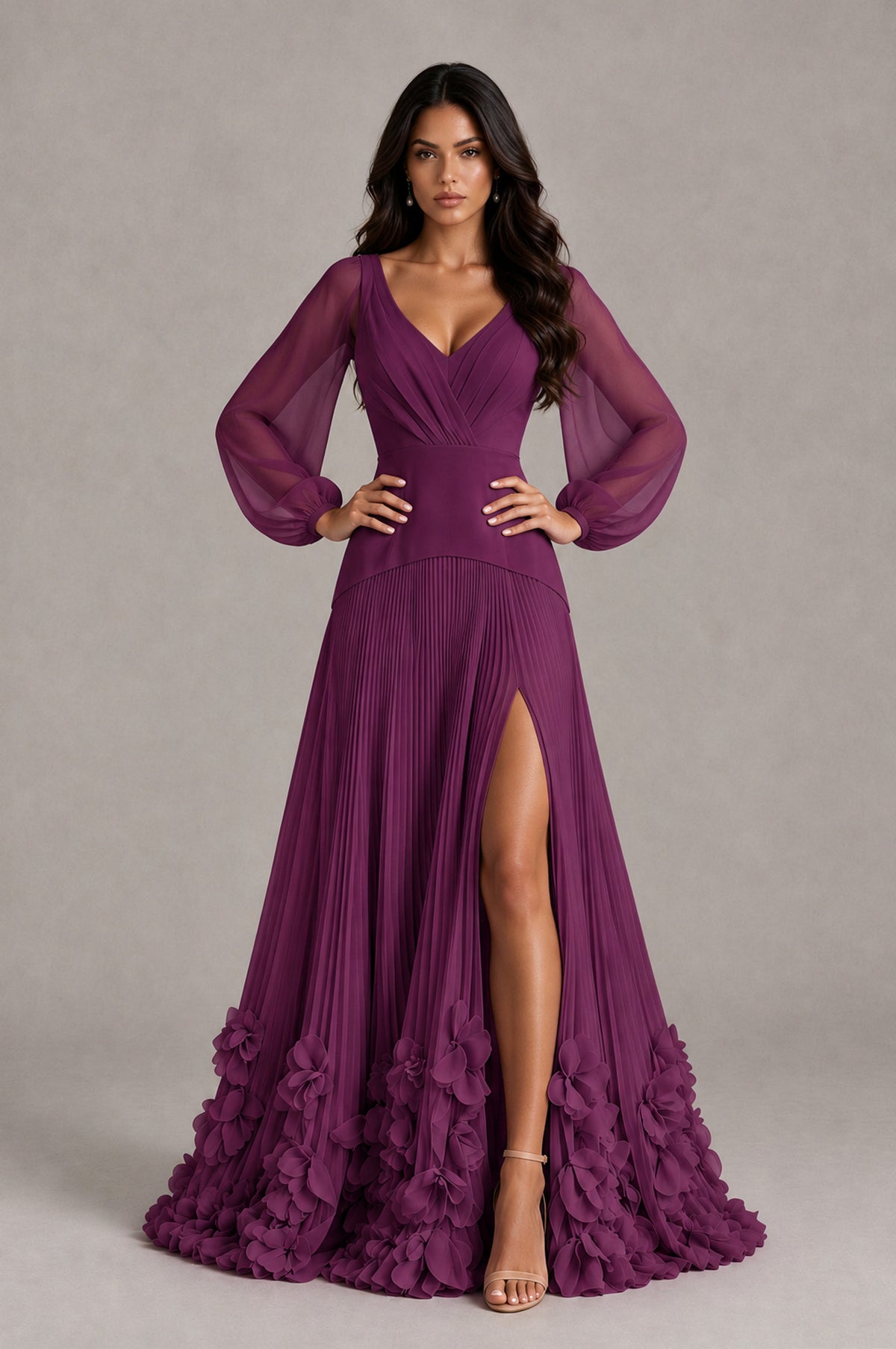 BOLODOO Plum V-Neck Long Sleeve Pleated Floral Hem Evening Dress - Plum - Plum_4