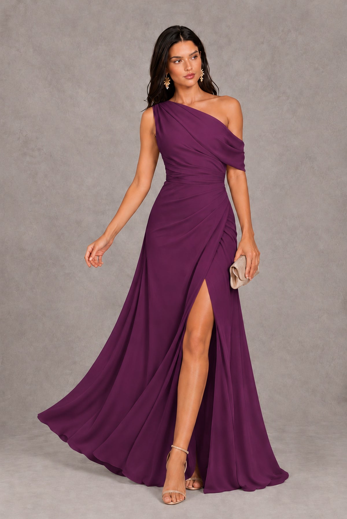 Plum One-Shoulder Floor-Length Evening Gown with High Slit - Plum