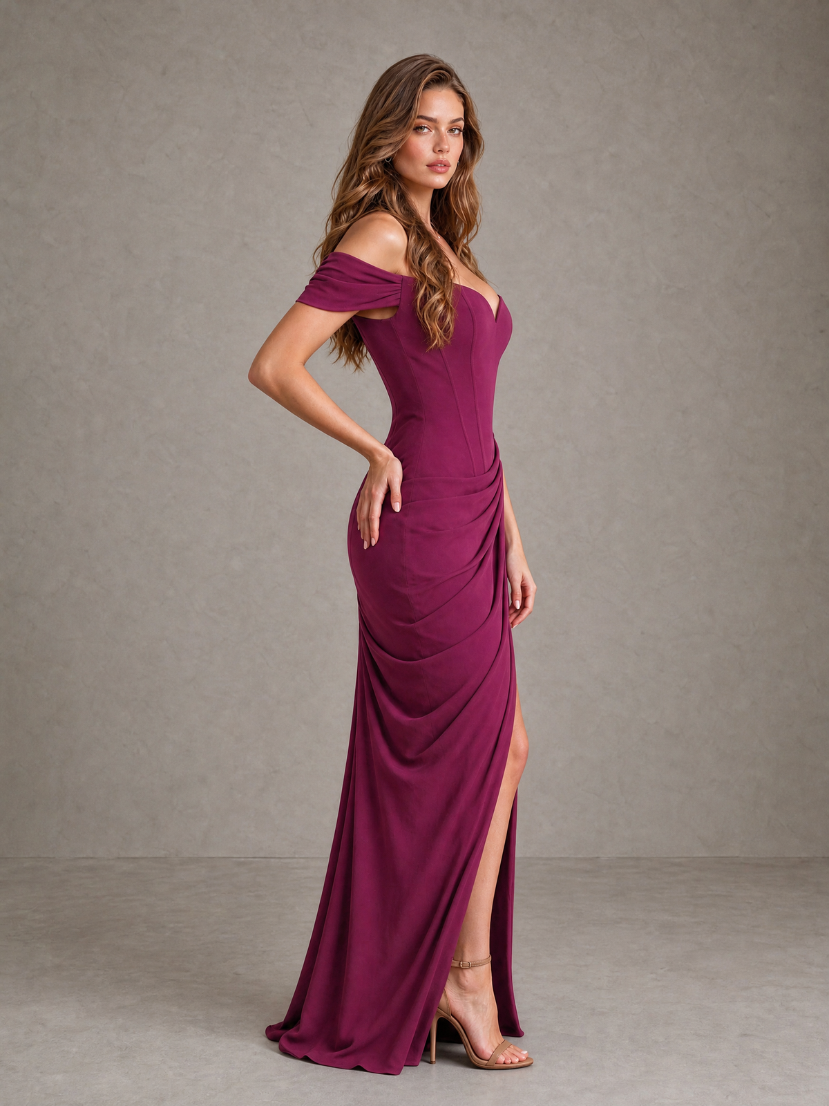 BOLODOO Plum Off-Shoulder Ruched Corset Wedding Guest Dress with Slit - Plum - Plum_4
