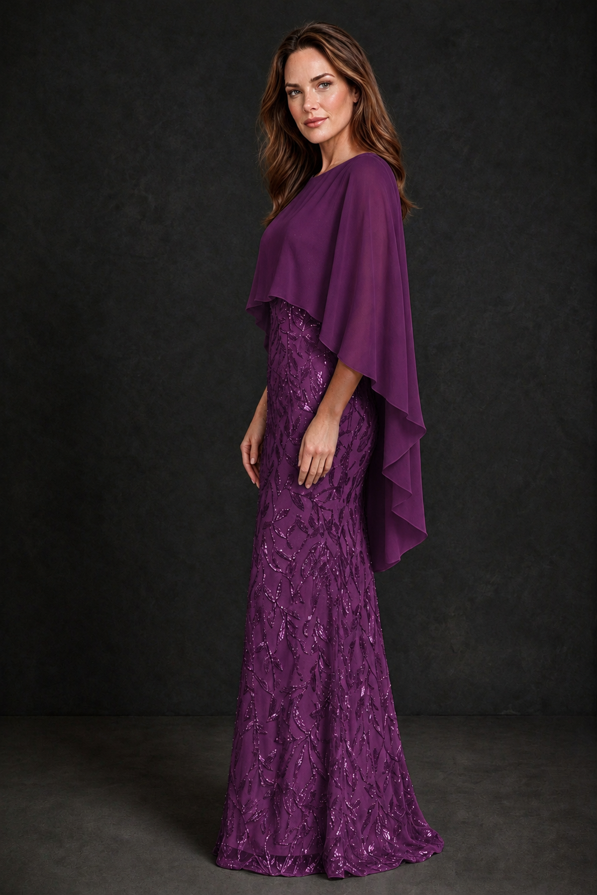 BOLODOO Plum Round Neck Chiffon Cape Overlay Sequin Lace Mermaid Maxi Dress - Plum - Plum_4