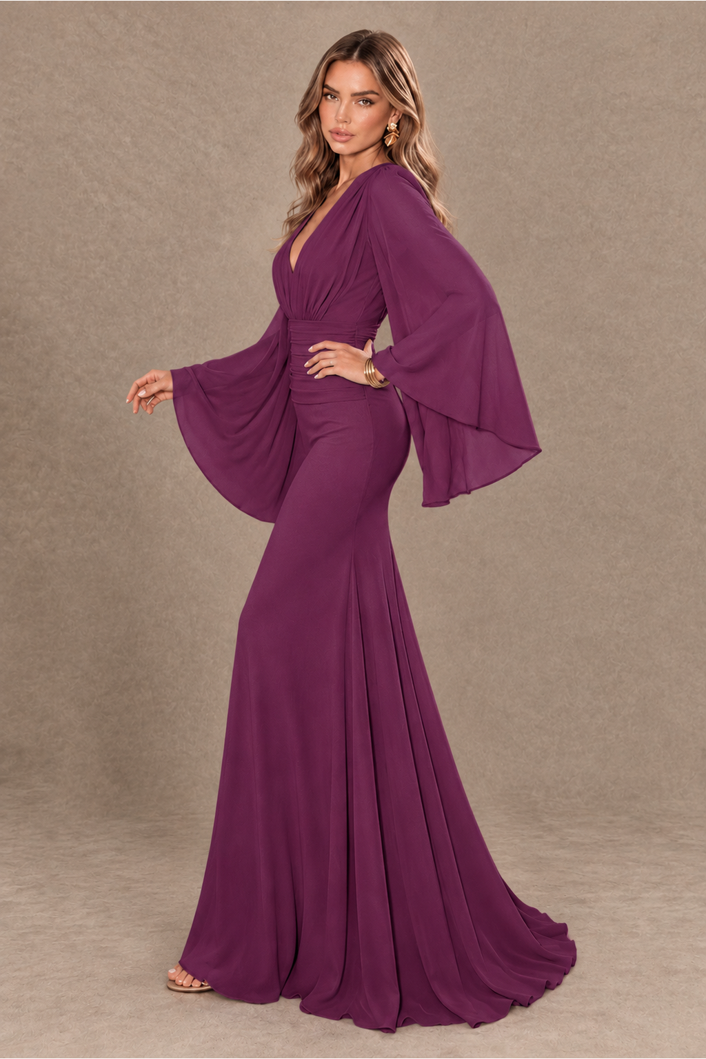 BOLODOO Plum Cape Sleeve V-Neck Ruched Chiffon Evening Dress - Plum - Plum_4