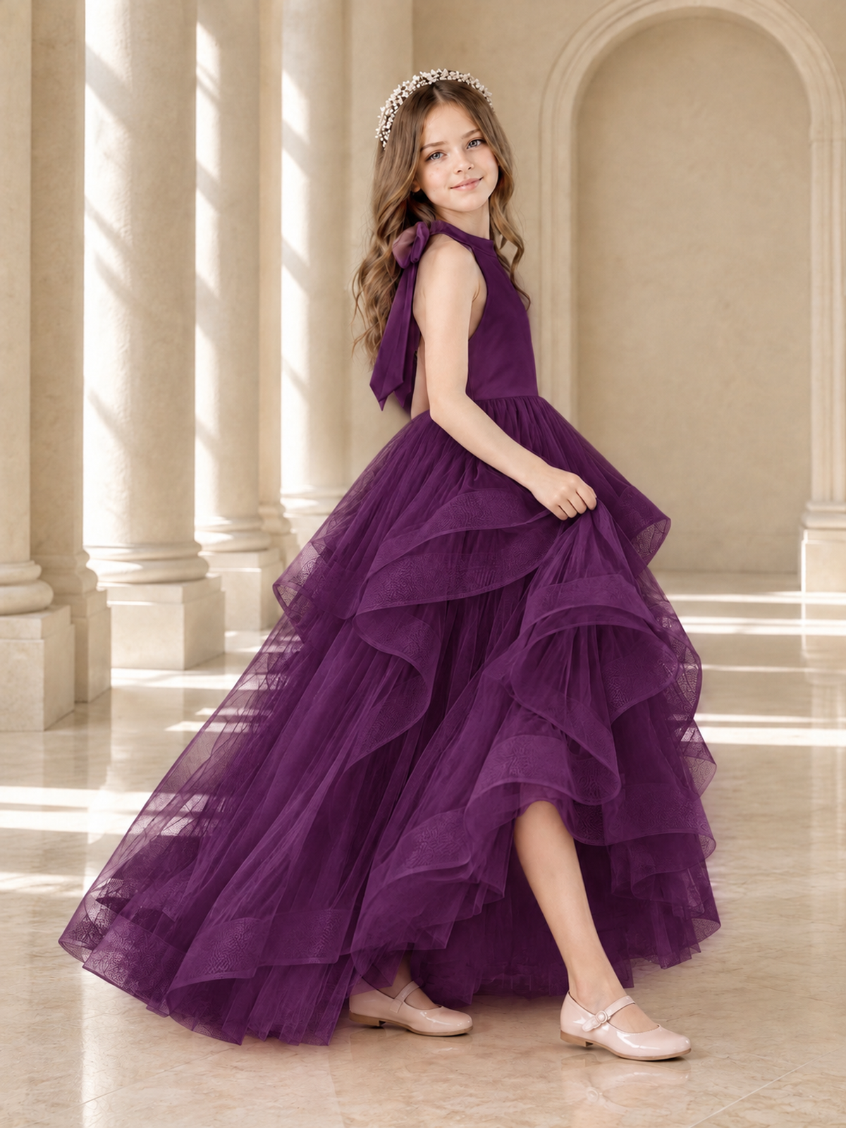 BOLODOO Plum Halter Tiered Tulle Flower Girl Dress with Bow Back - Plum - Plum_4