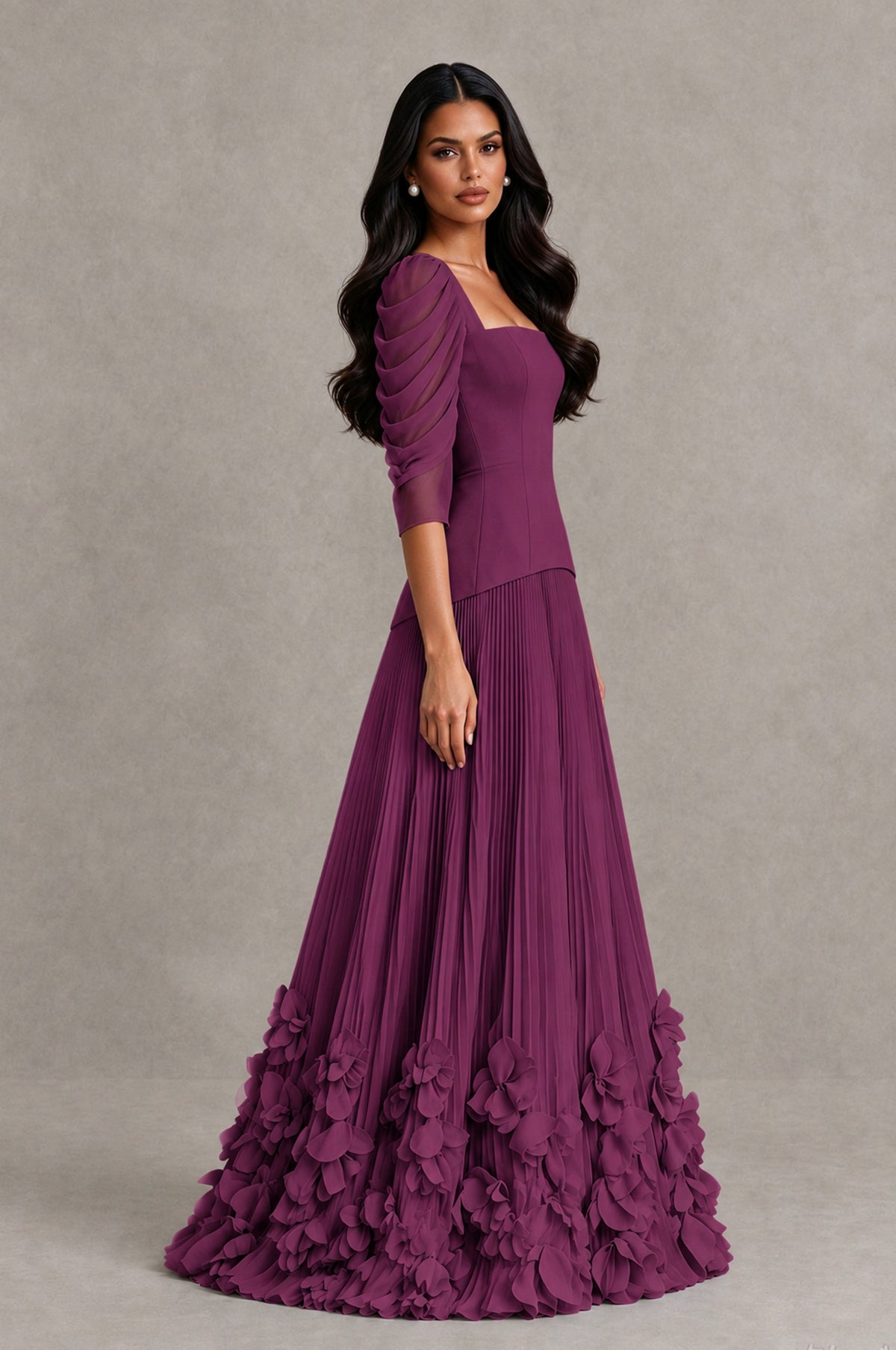 BOLODOO Plum Square Neck Pleated Floral Applique Evening Dress - Plum - Plum_4