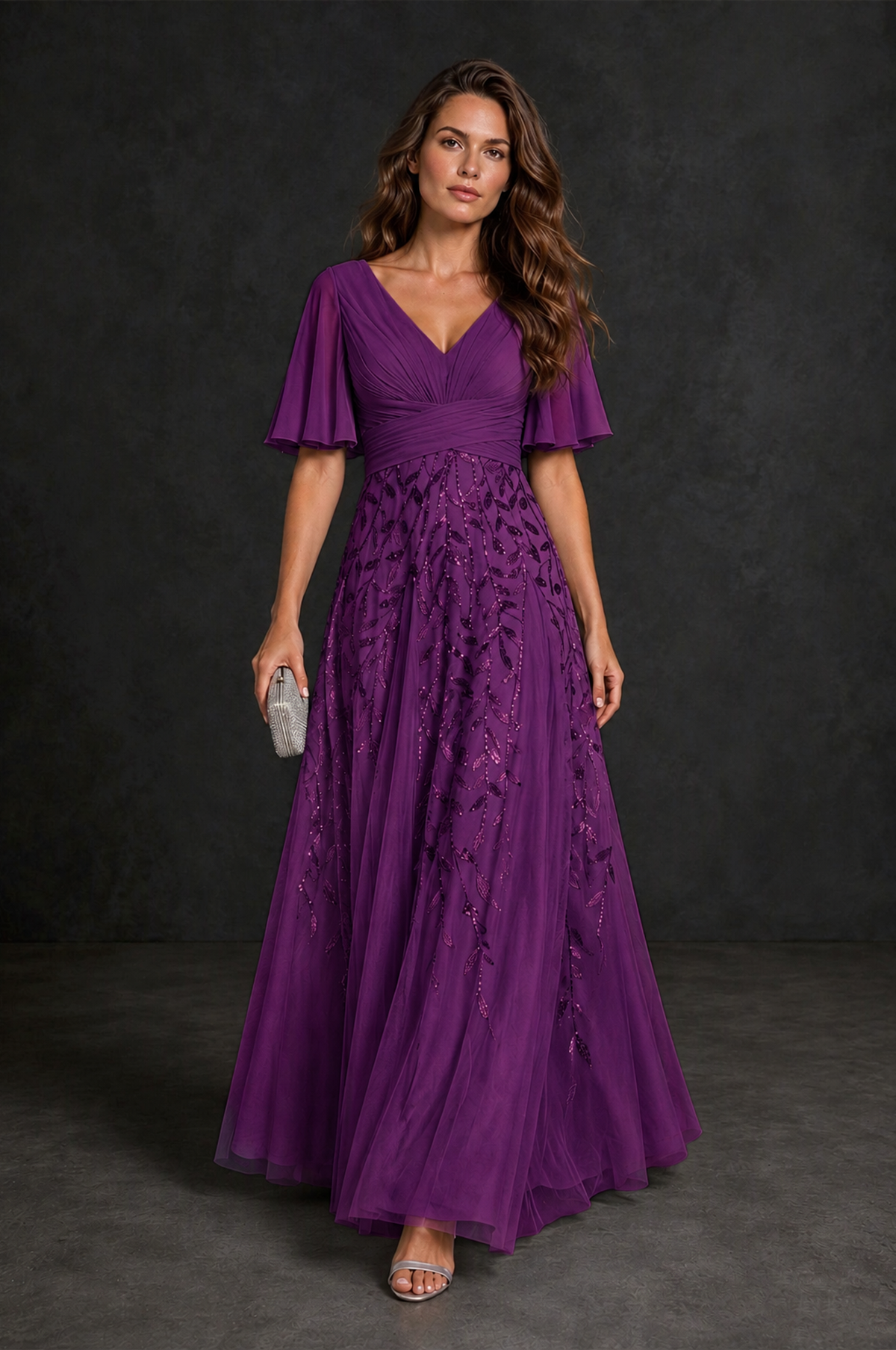 BOLODOO Plum V-Neck Flutter Sleeve Beaded Botanical Tulle A-Line Gown | Mother of the Bride Evening Dress - Plum - Plum_4