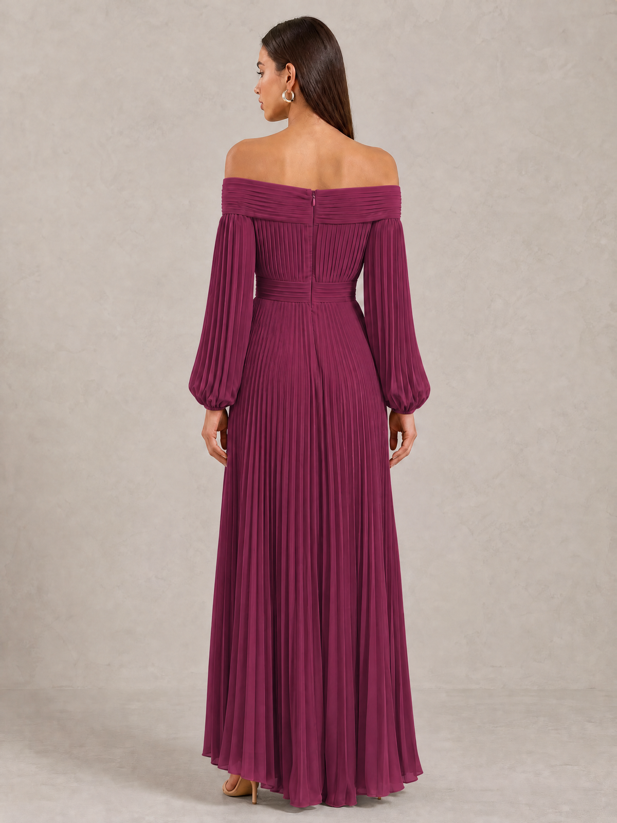 BOLODOO Plum Off-Shoulder Long Sleeve Pleated High-Low Dress - Plum - Plum_4