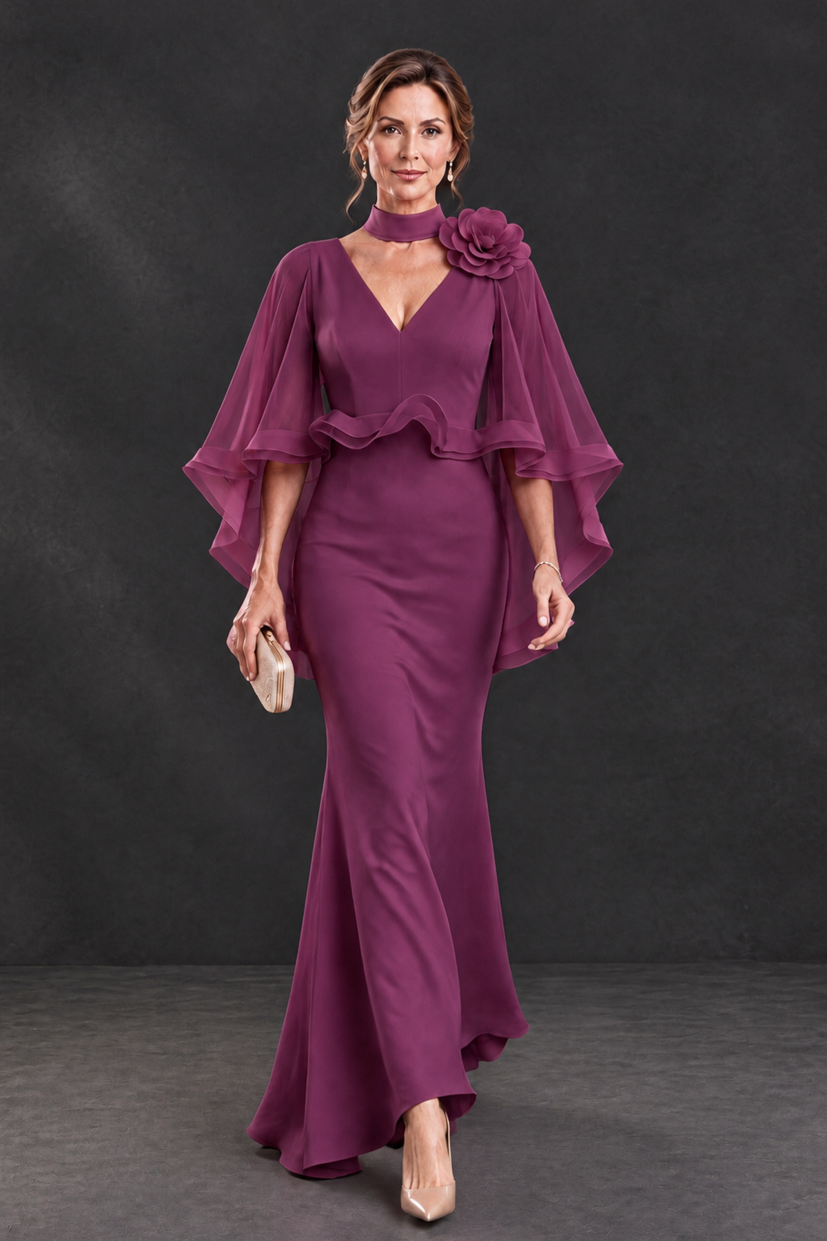BOLODOO Plum Floral Cape Sleeve Mother of the Bride Dress - Plum - Plum_4