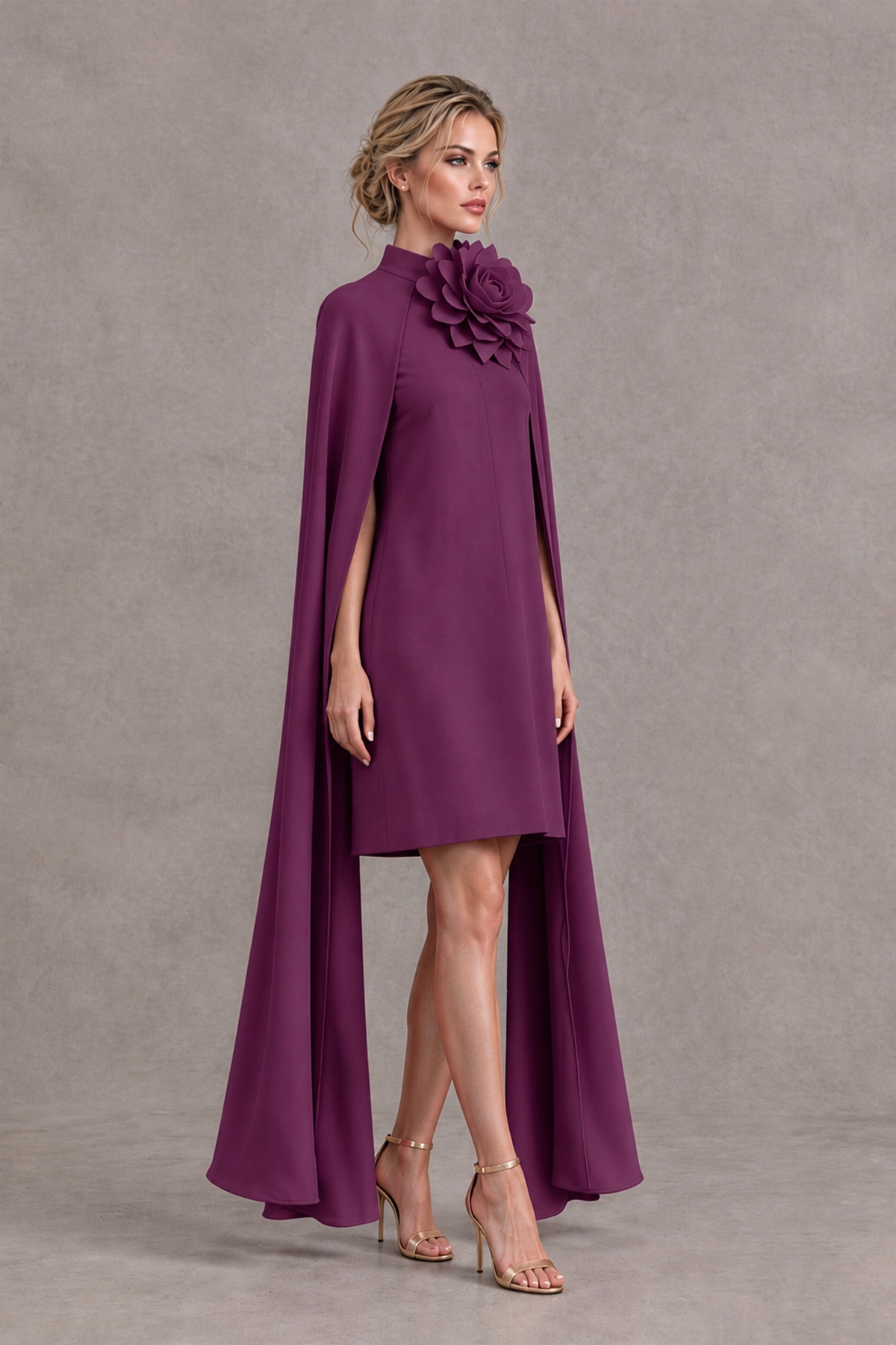 BOLODOO Plum High Neck Floral Cape Mini Cocktail Dress - Plum - Plum_4