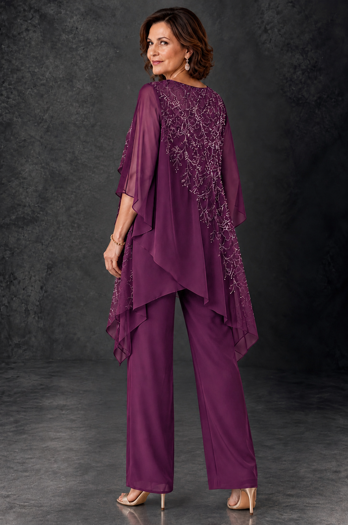 BOLODOO Plum Embellished Cape Pant Suit for Mother of the Bride - Plum - Plum_4