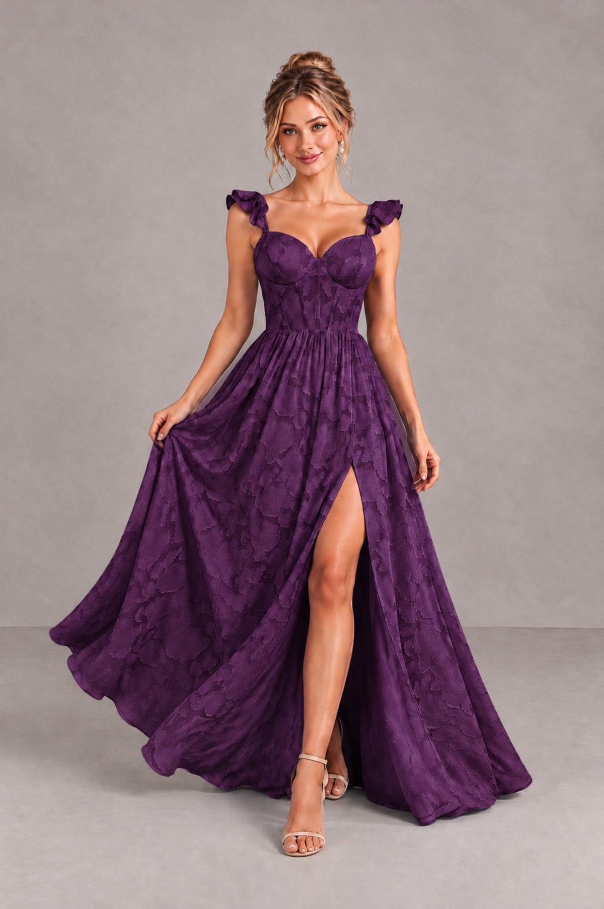 BOLODOO Plum Floral A-Line Bridesmaid Dress with Slit Ruffle Straps Maxi Gown - Plum - Plum_4