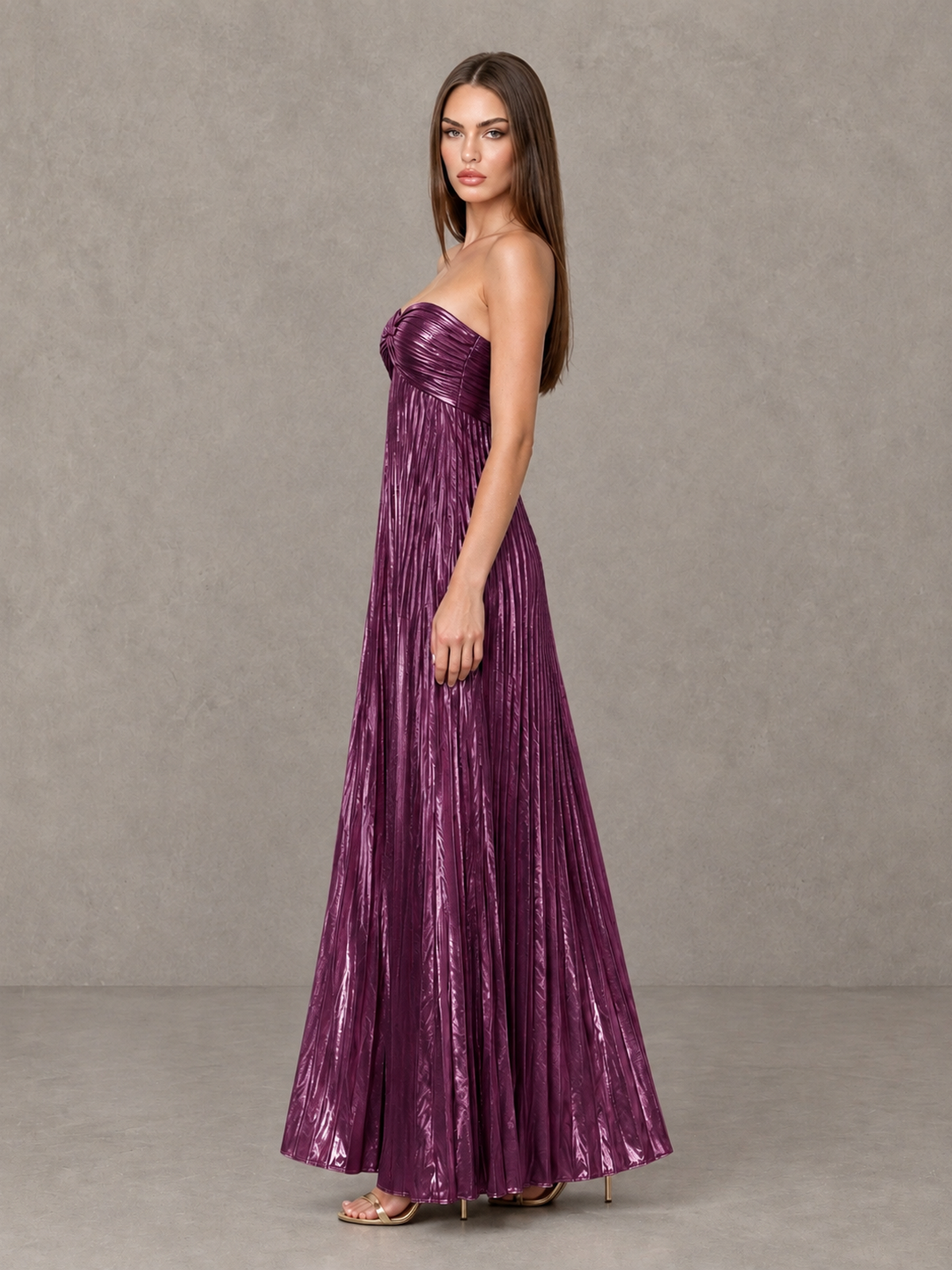 BOLODOO Plum Strapless Sweetheart Metallic Pleated Maxi Dress - Plum - Plum_4