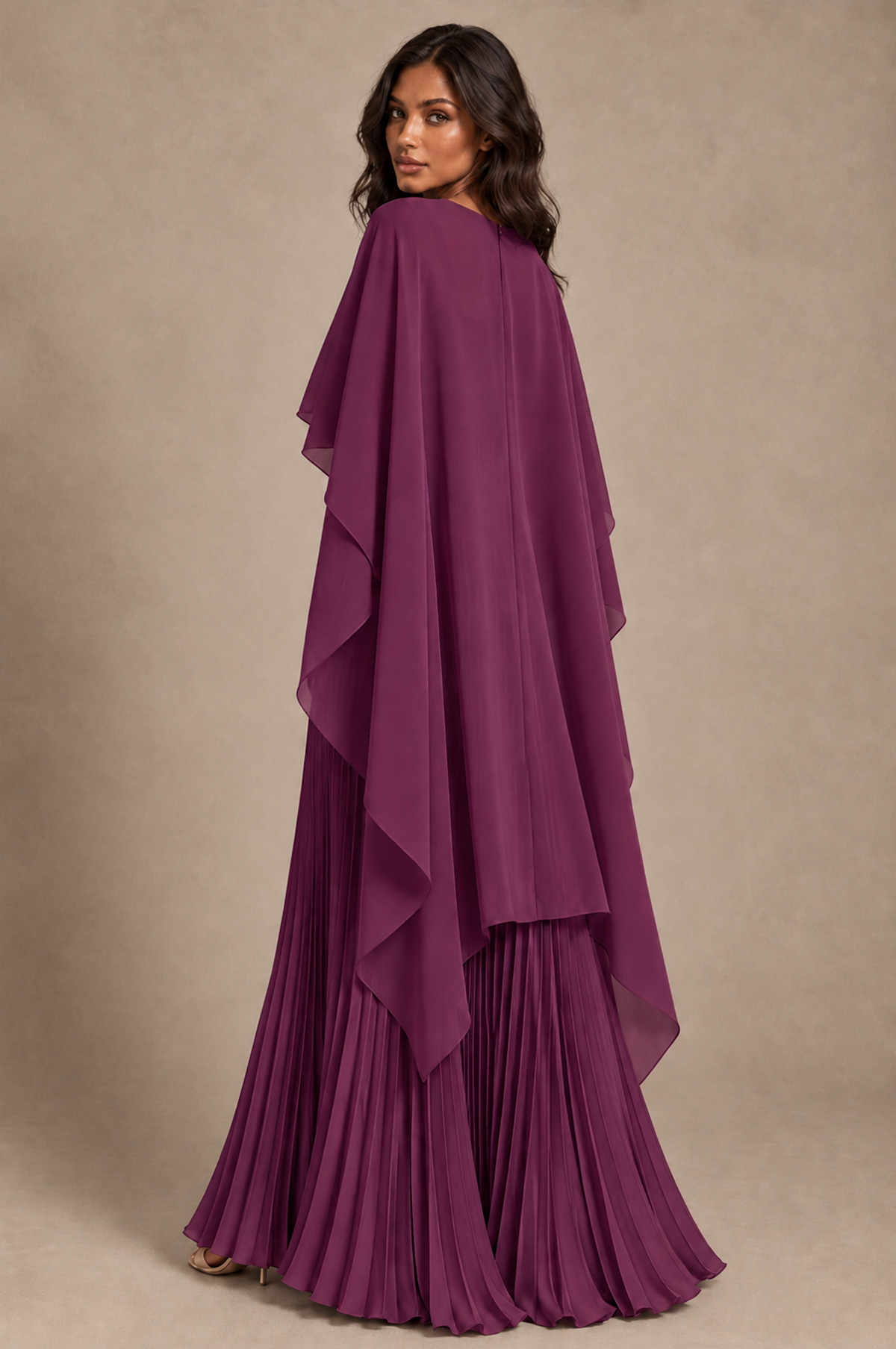 BOLODOO Plum Pleated Cape A-Line Evening Dress - Plum - Plum_4