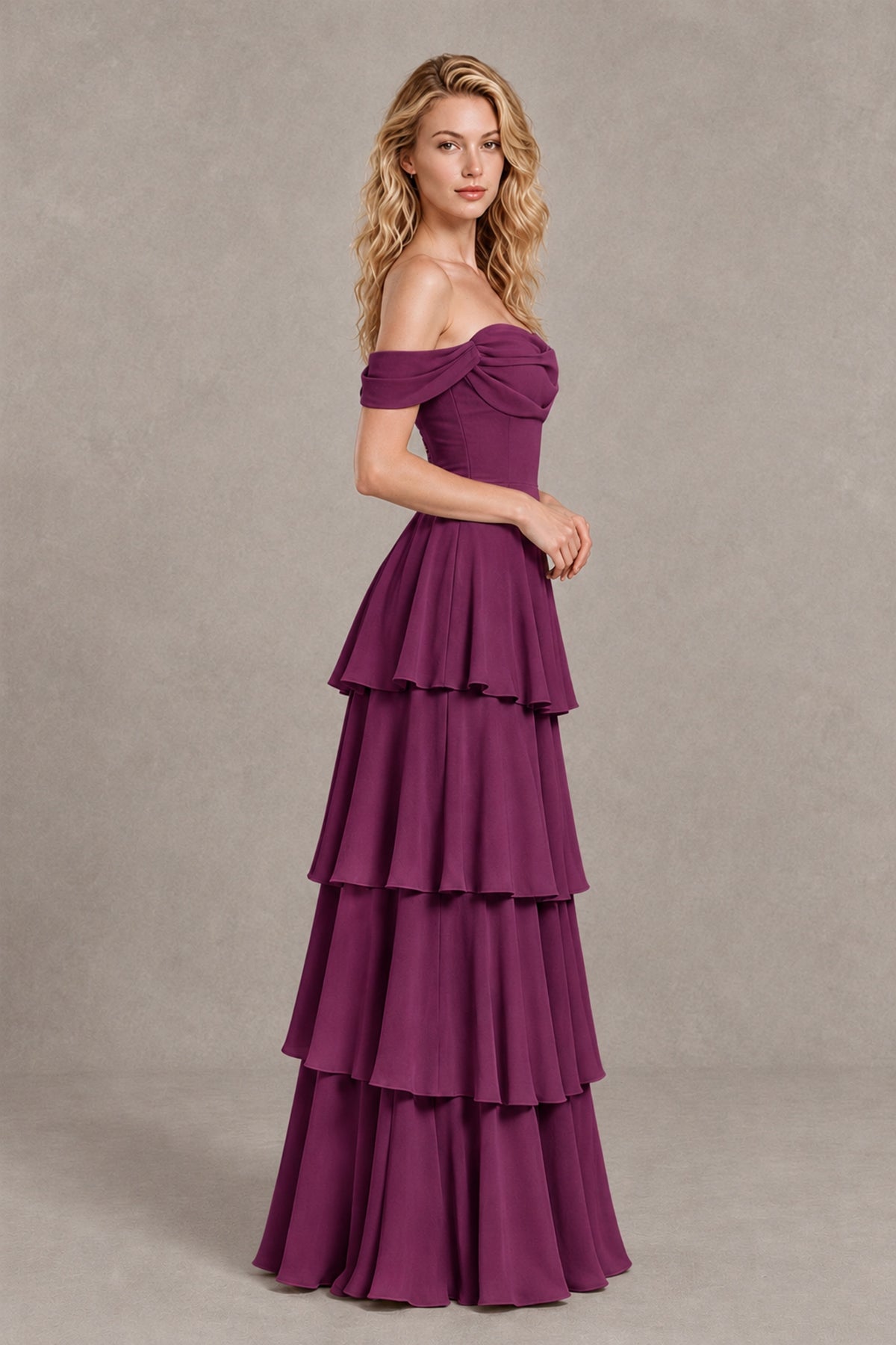 BOLODOO Plum Off-the-Shoulder Tiered A-Line Evening Bridesmaid Dress - Plum - Plum_4