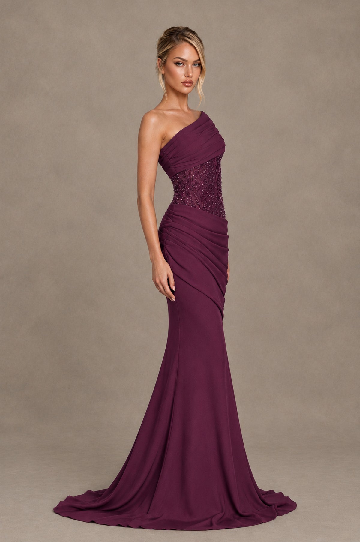 BOLODOO Plum One-Shoulder Sequin Embroidered Ruched Mermaid Gown with Train - Plum - Plum_4