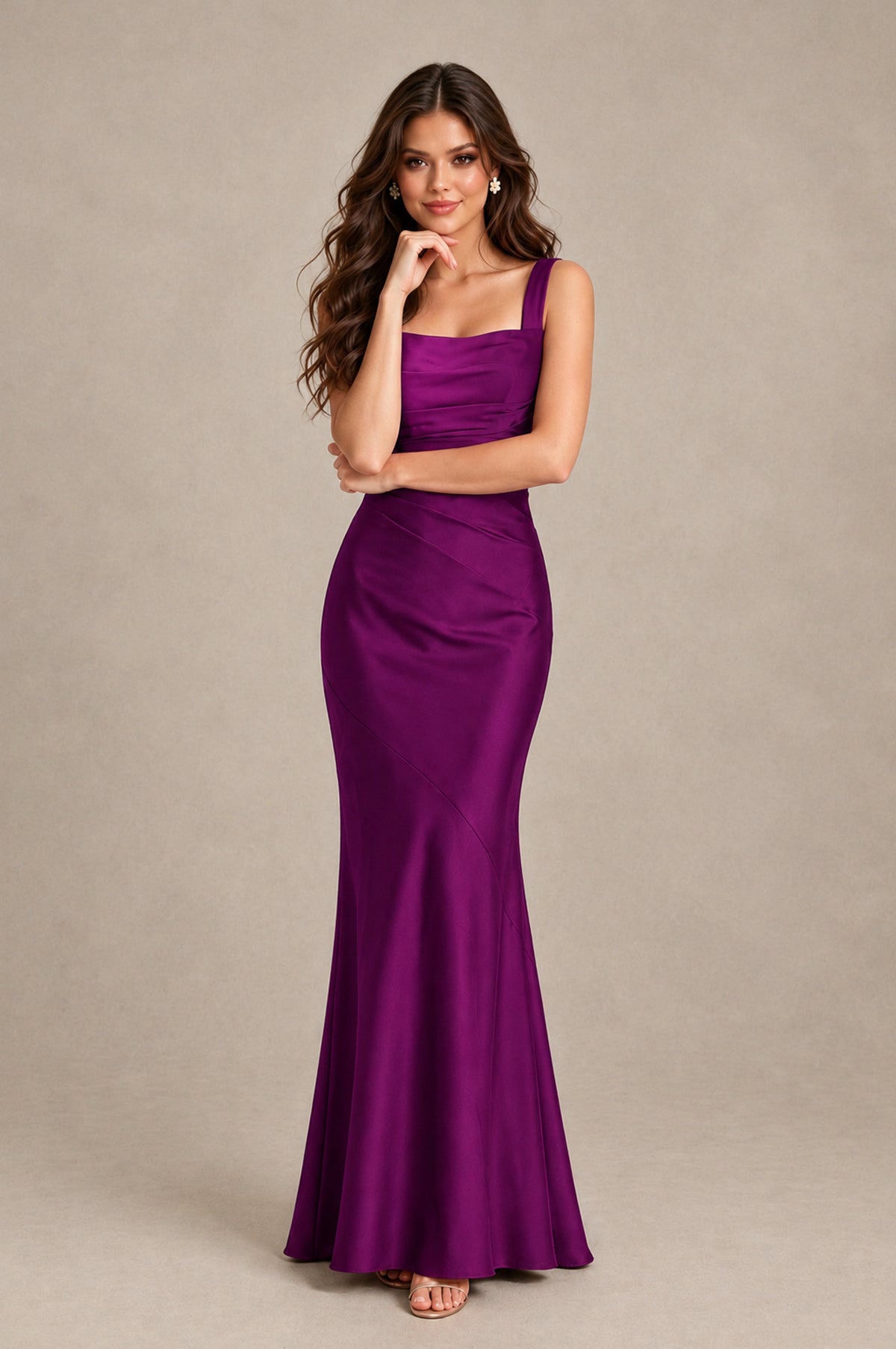BOLODOO Plum Square Neck Ruched Satin Lace-Up Bridesmaid Dress - Plum - Plum_4