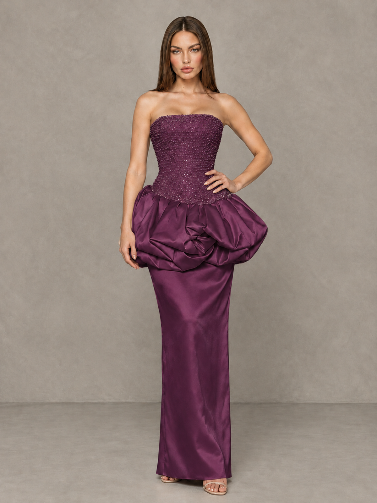 BOLODOO Plum Strapless Embellished Bubble Peplum Evening Dress - Plum - Plum_4