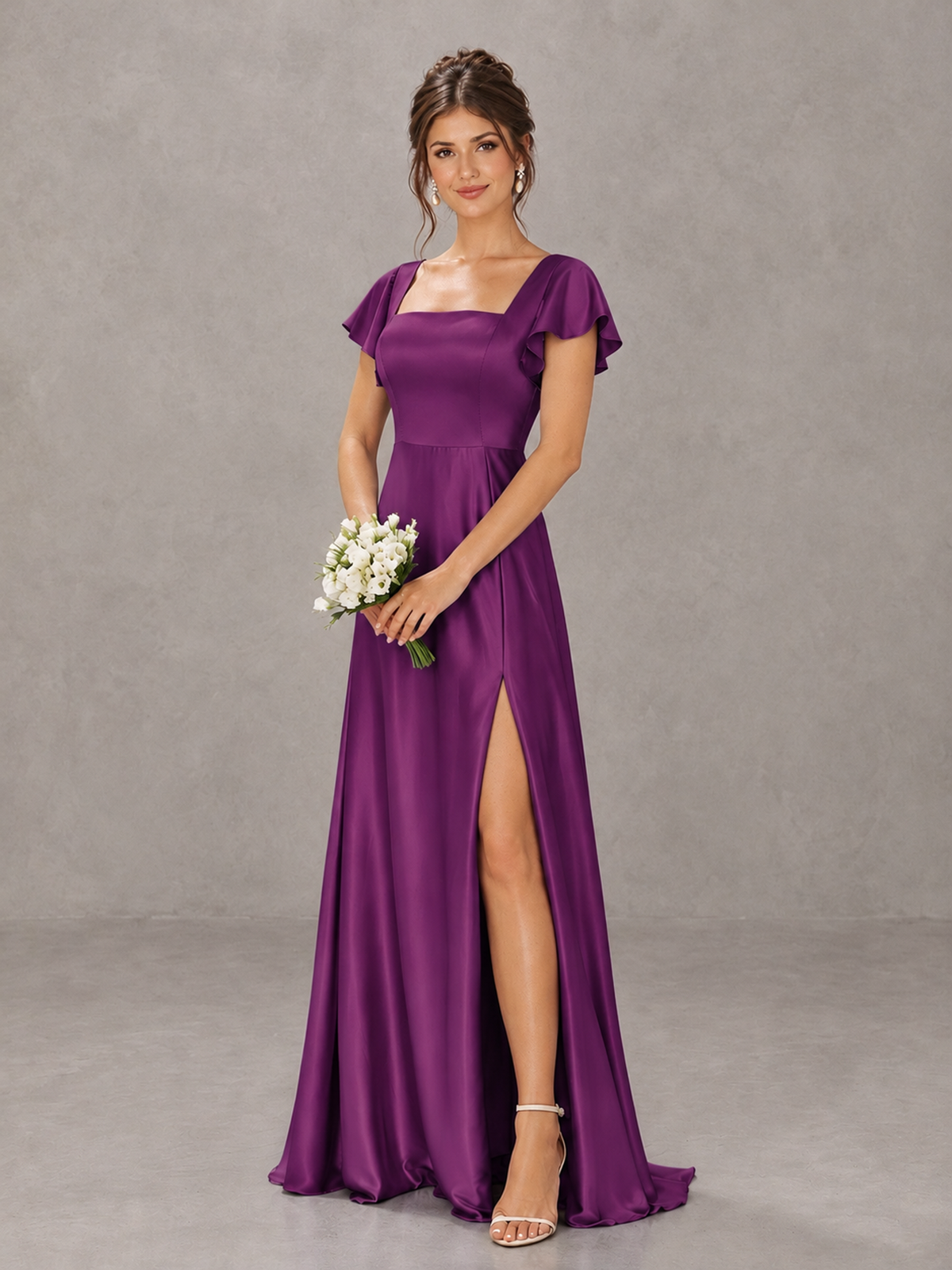 BOLODOO Plum Satin Square Neck Flutter Sleeve A-Line Bridesmaid Dress with Slit - Plum - Plum_4