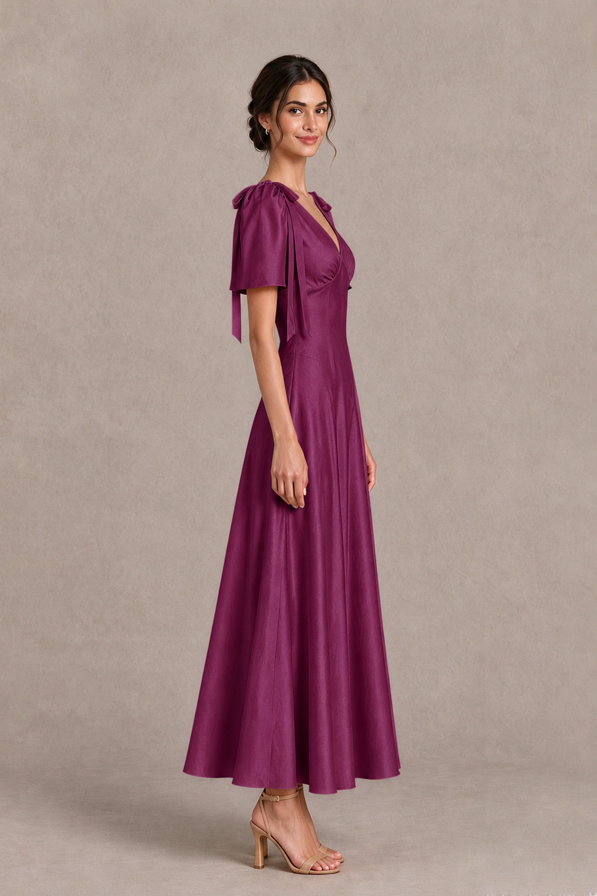 BOLODOO Plum V-Neck Short Sleeve Satin-Look Bridesmaid Dress with Shoulder Bows - Plum - Plum_4