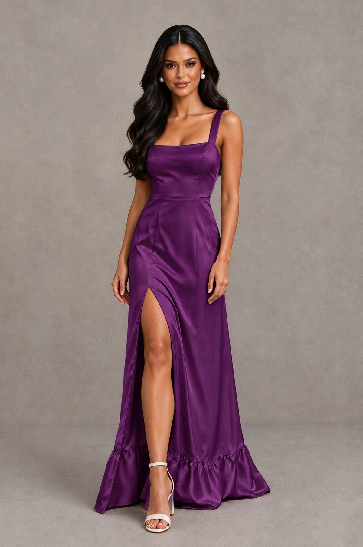 BOLODOO Plum Square Neck Satin Evening Dress with Lace-Up Back and High Slit - Plum - Plum_4