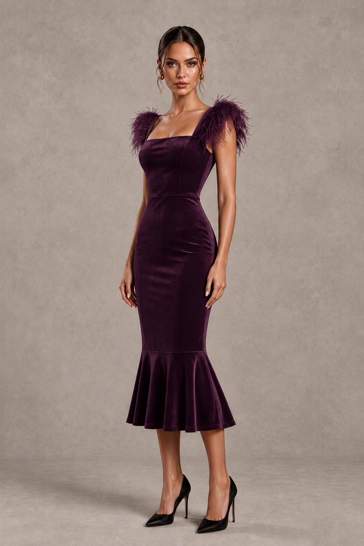 BOLODOO Plum Feather-Trim Velvet-Look Mermaid Midi Dress - Plum - Plum_4