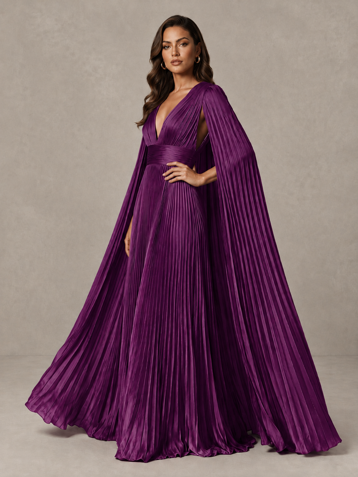 BOLODOO Plum Deep V-Neck Pleated Cape Sleeve Evening Gown - Plum - Plum_4