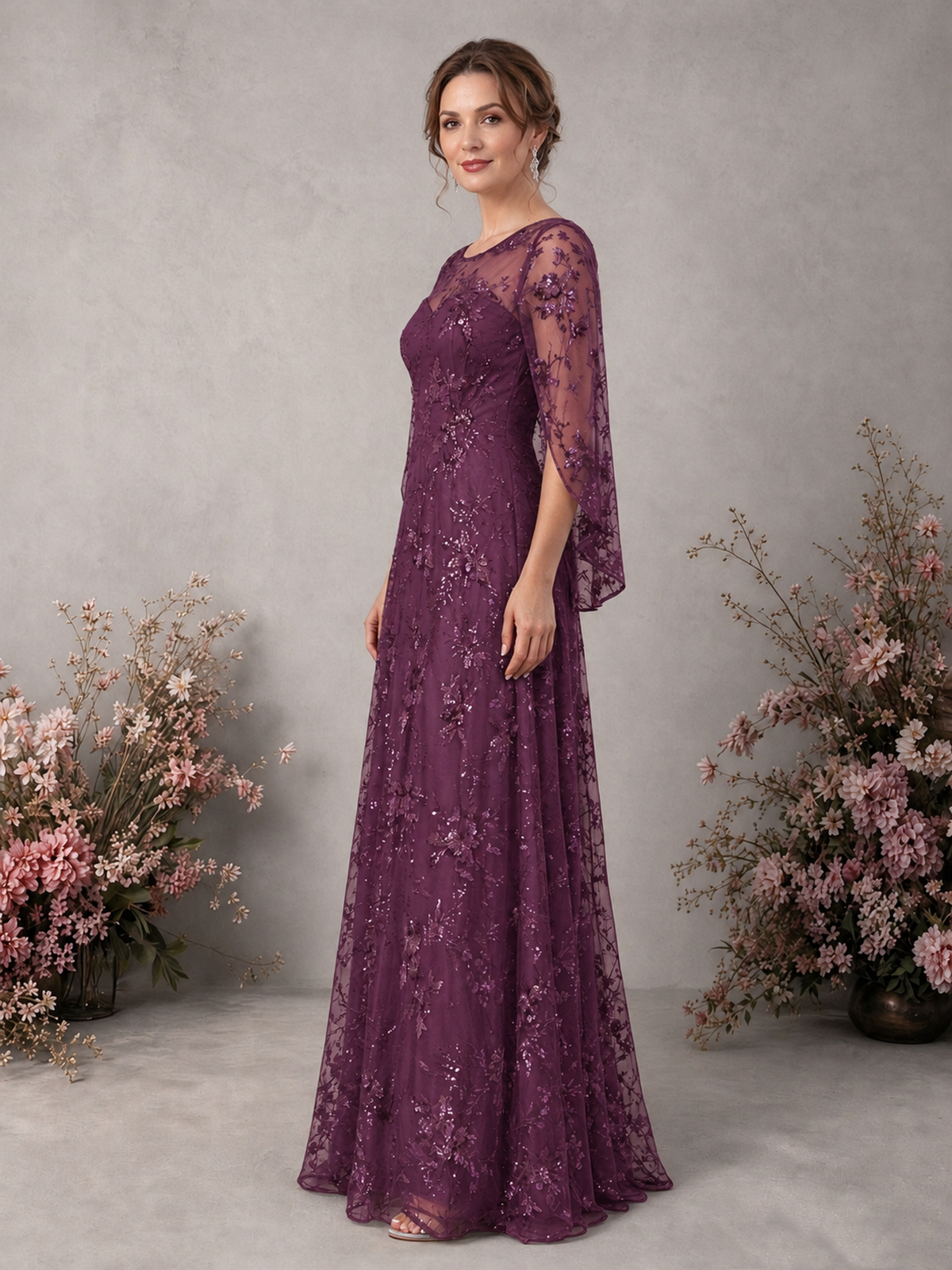 BOLODOO Plum Sequin Lace Cape Sleeve Formal Evening Gown - Plum - Plum_4