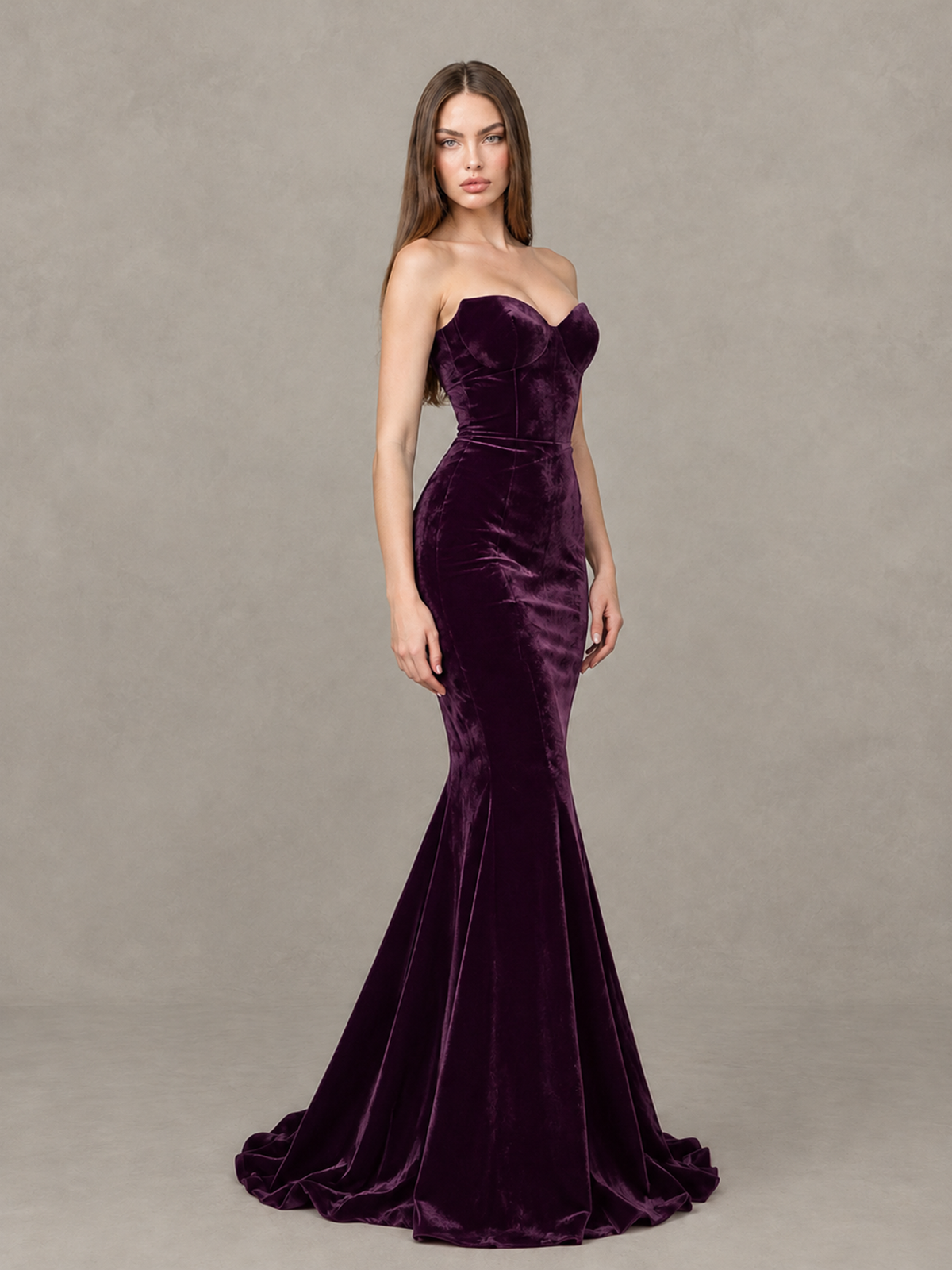 BOLODOO Plum Strapless Sweetheart Velvet-Look Mermaid Evening Dress - Plum - Plum_4