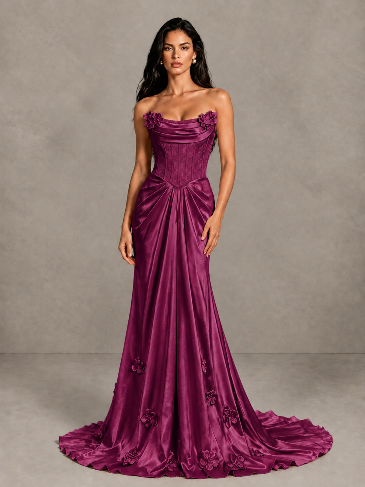 BOLODOO Plum Strapless Floral Corset Evening Gown with Train - Plum - Plum_4
