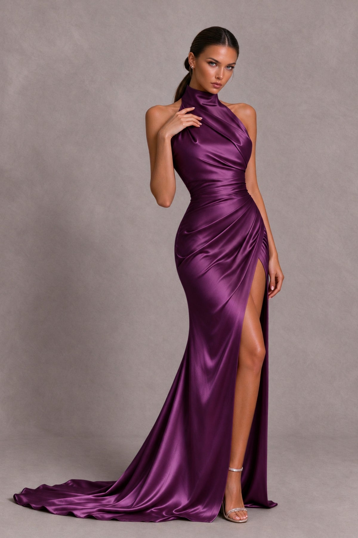 BOLODOO Plum Halter Satin-Look Evening Gown with High Slit - Plum - Plum_4