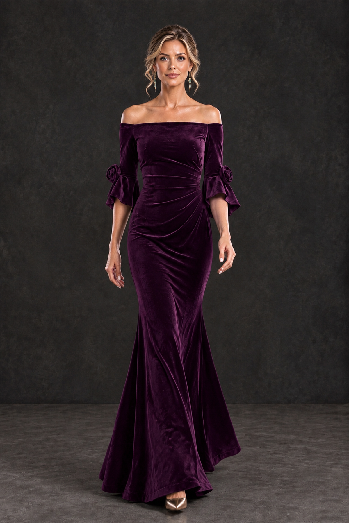 BOLODOO Plum Velvet Off-Shoulder Mother of the Bride Dress – 3/4 Floral Cuff Sleeve Mermaid Evening Gown - Plum - Plum_4