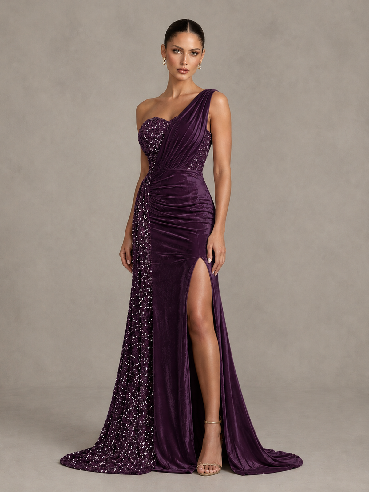 BOLODOO Plum One-Shoulder Satin Sequin Gown with High Slit - Plum - Plum_4