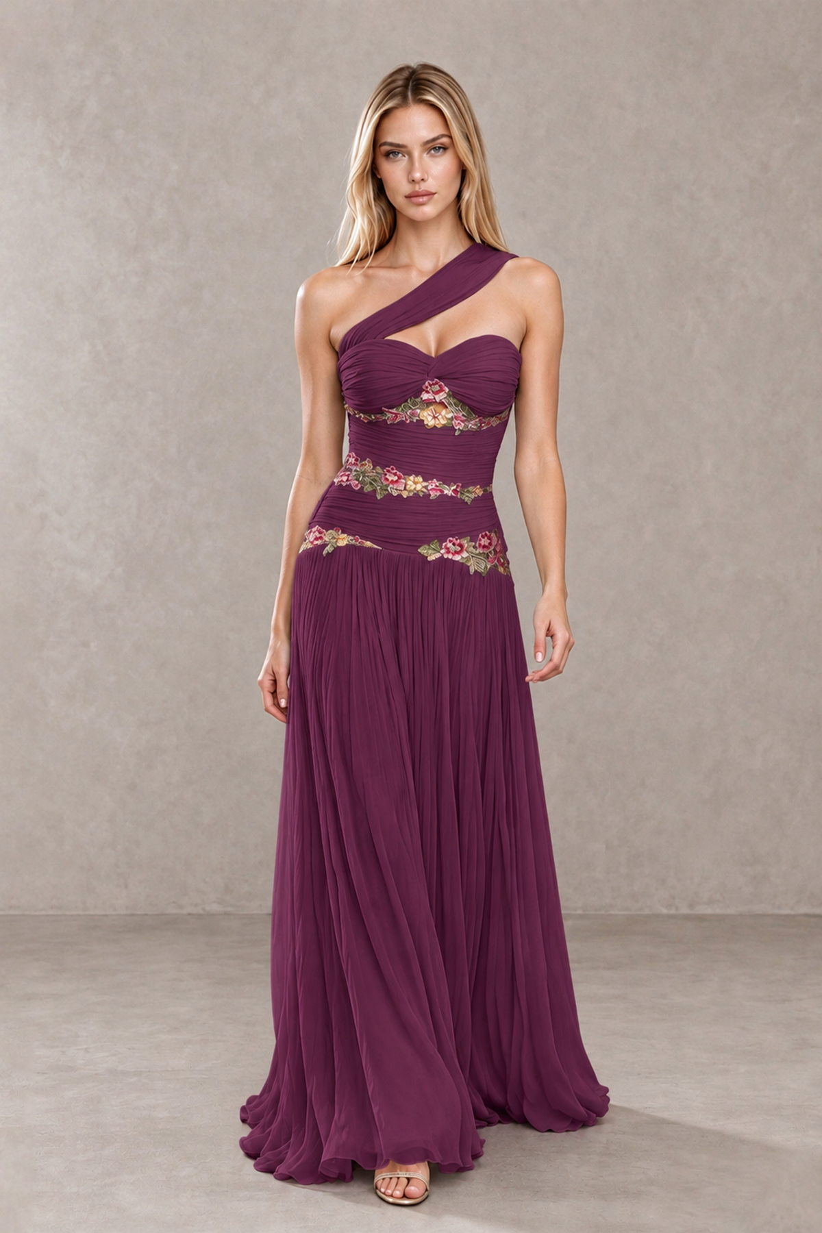 BOLODOO Plum One-Shoulder Floral Applique A-Line Evening Dress - Plum - Plum_4