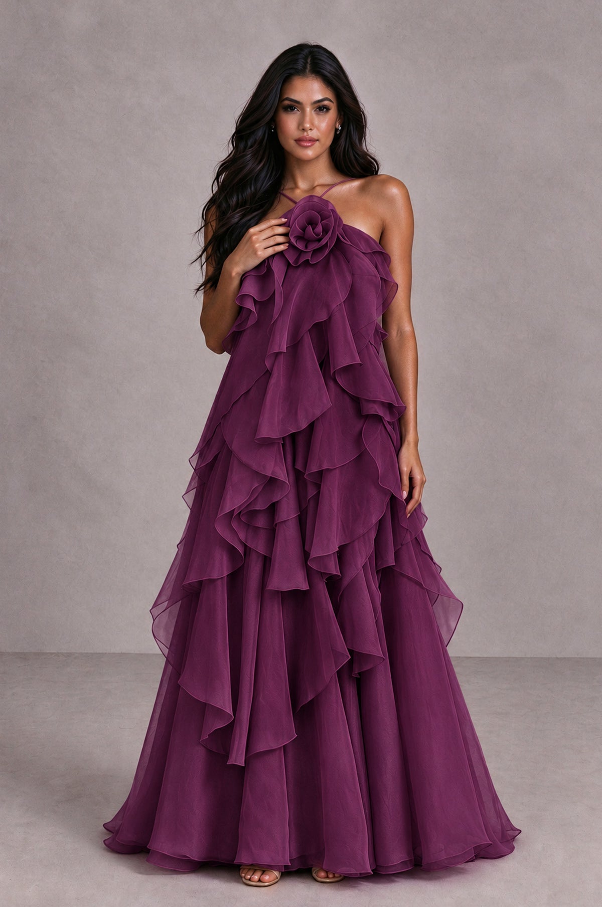 BOLODOO Plum Cascading Ruffle Rosette Open-Back Maxi Dress - Plum - Plum_4