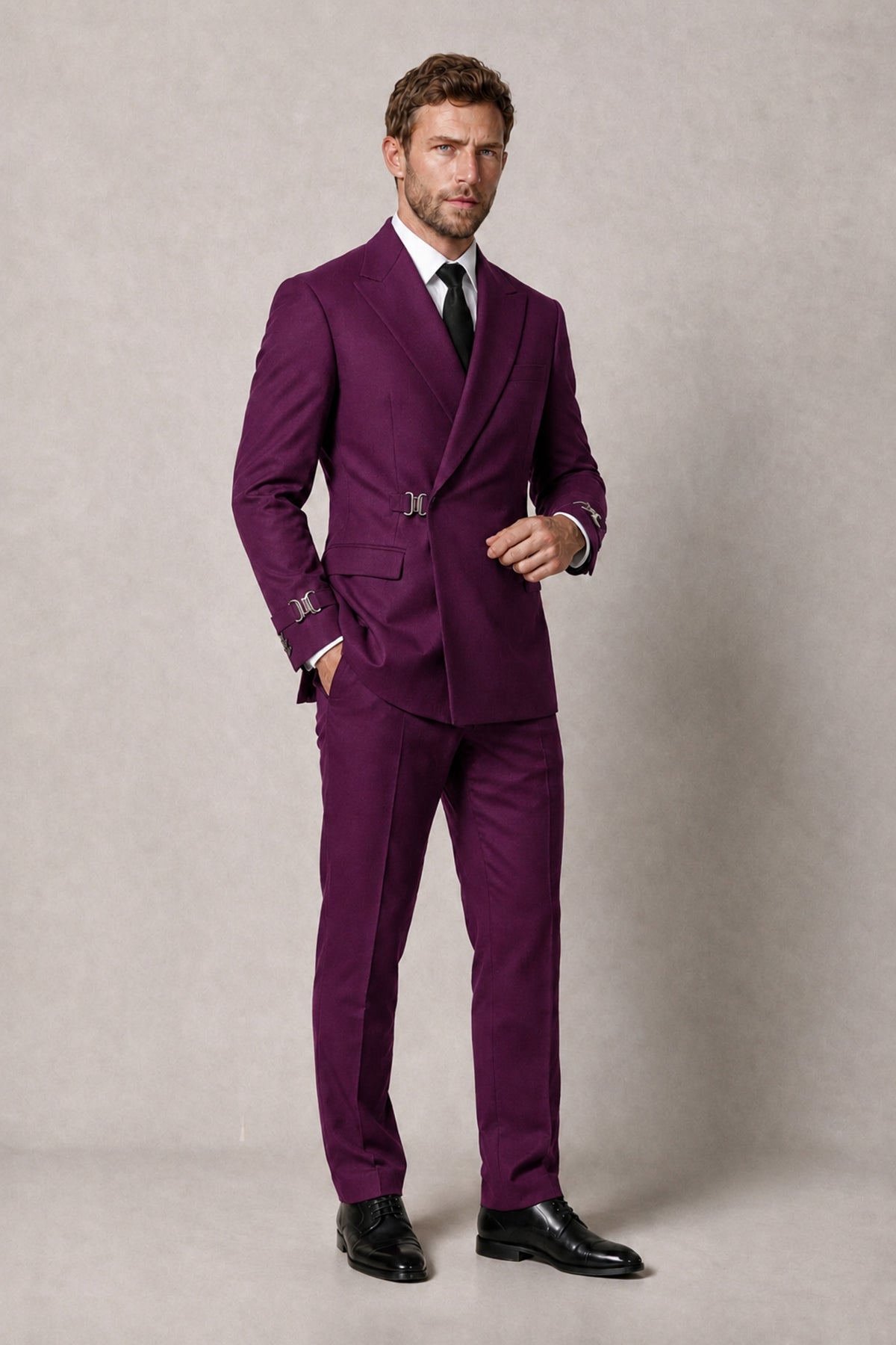 BOLODOO Men's Plum Double-Breasted 2-Piece Suit Set – Blazer & Tailored Trousers - Plum