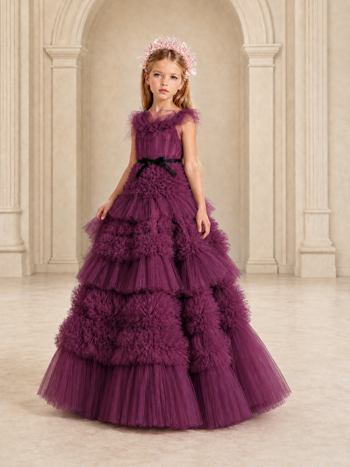 BOLODOO Plum Tiered Tulle Flower Girl Dress with Floral Appliques - Plum - Plum_4
