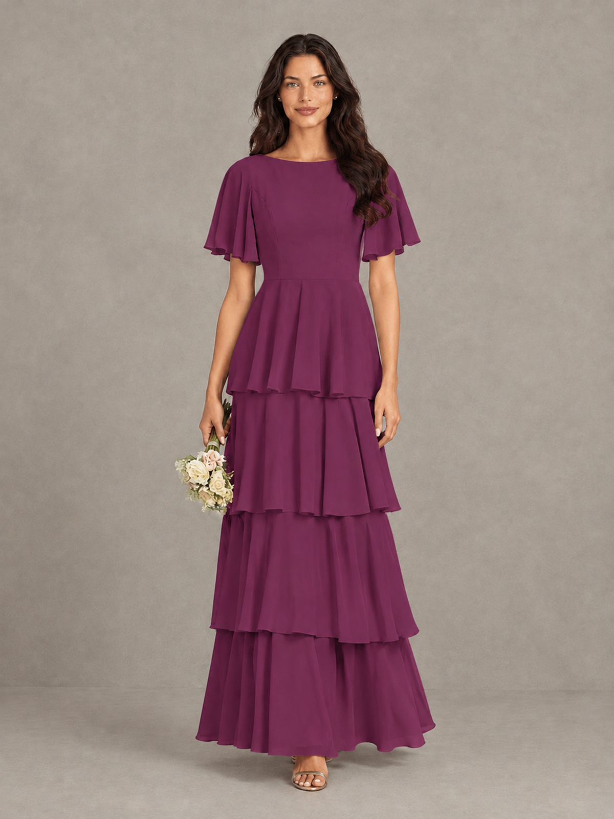 BOLODOO Plum Tiered Flutter Sleeve Bridesmaid Dress - Plum - Plum_4