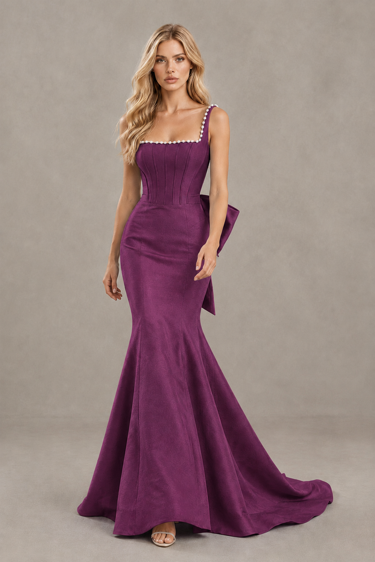 BOLODOO Plum Pearl-Trim Mermaid Prom Dress with Back Bow - Plum - Plum_4