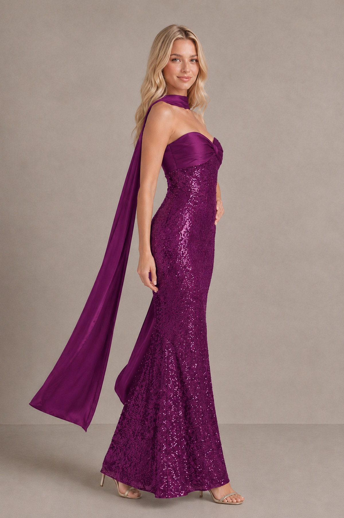 BOLODOO Plum Strapless Sweetheart Evening Dress with Scarf - Plum - Plum_4