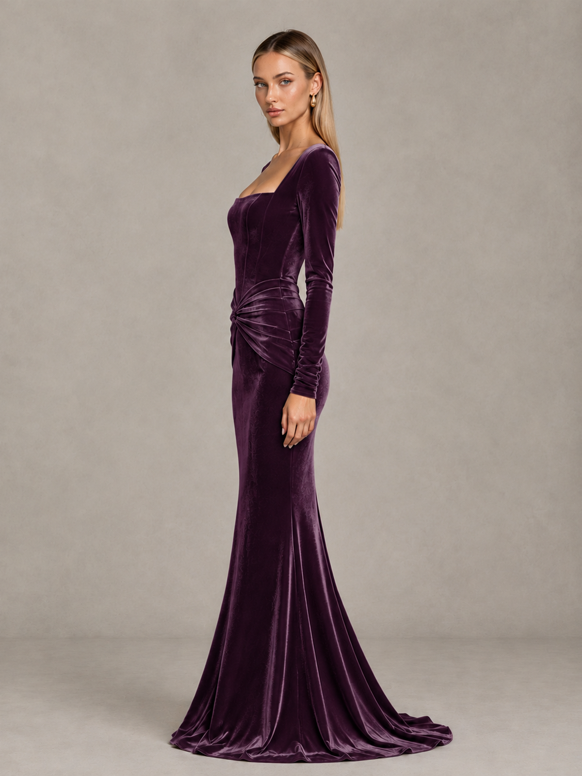 BOLODOO Plum Velvet-Look Square Neck Long Sleeve Mermaid Evening Dress - Plum - Plum_4