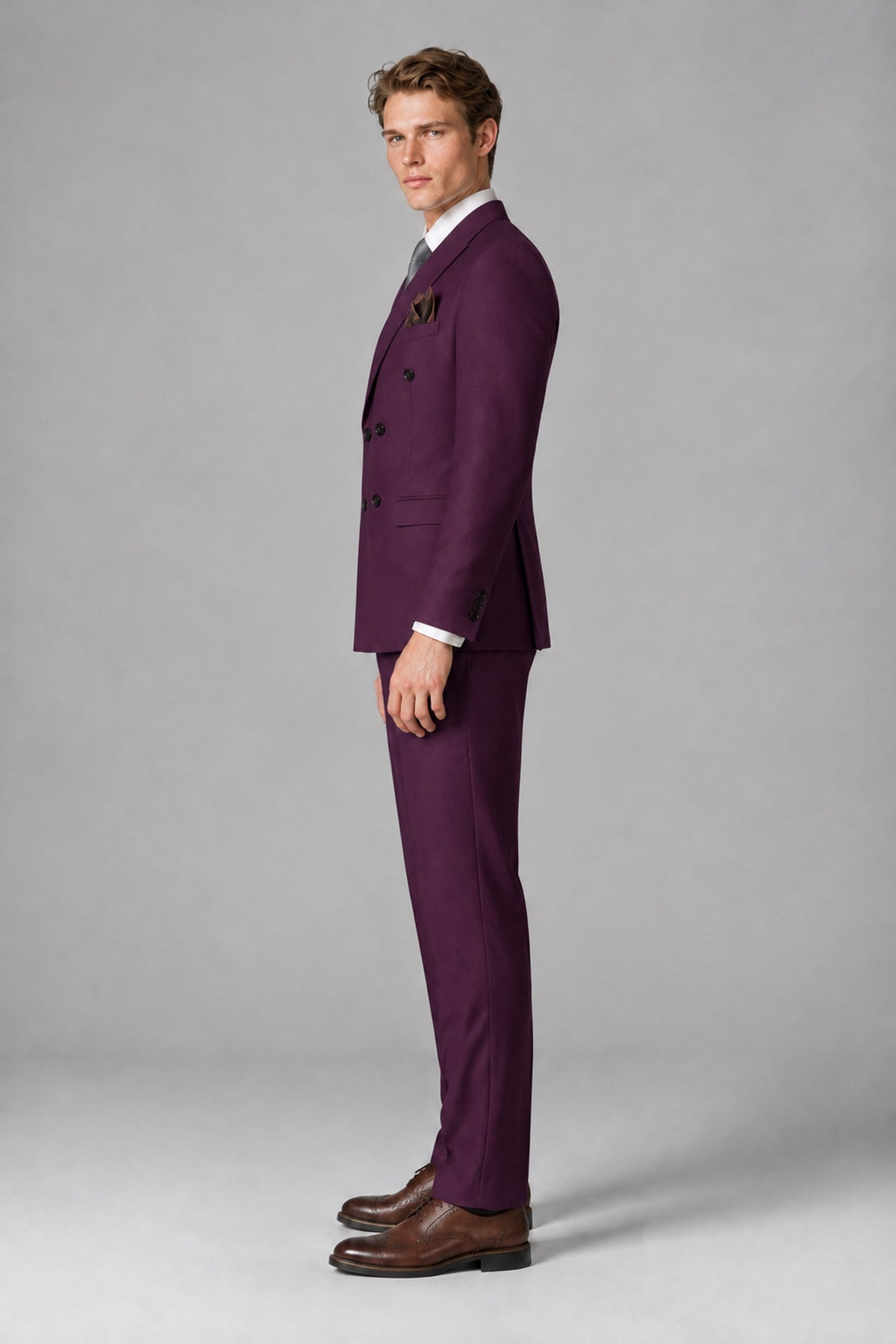 Bolodoo Men's Plum Double-Breasted Two-Piece Suit with Peak Lapels - Plum - Plum_4